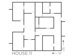 Floor plan of House 11 with multiple rooms and 52 by 42 foot dimensions