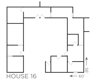 Floor plan of House 16 showing multiple rooms with 60 by 56 foot dimensions