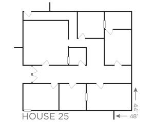 House 25 floor plan measuring 48 by 32 feet with multiple connected rooms and doorways arranged along a central hallway.