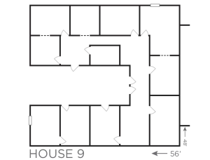 Floor plan of House 9 showing multiple rooms with 56 by 45 foot dimensions