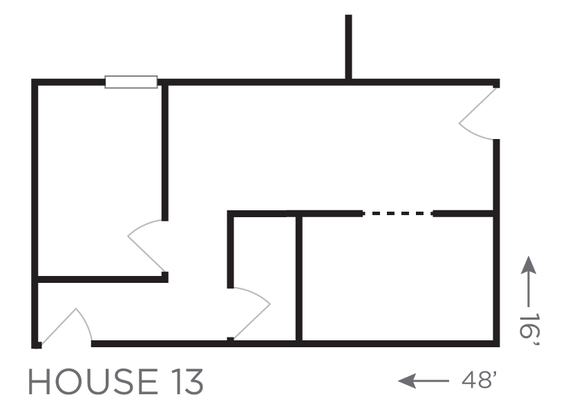 Floor plan of House 13 showing multiple rooms with 48 by 16 foot dimensions