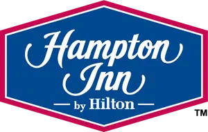 Hampton Inn by Hilton logo in blue with red border