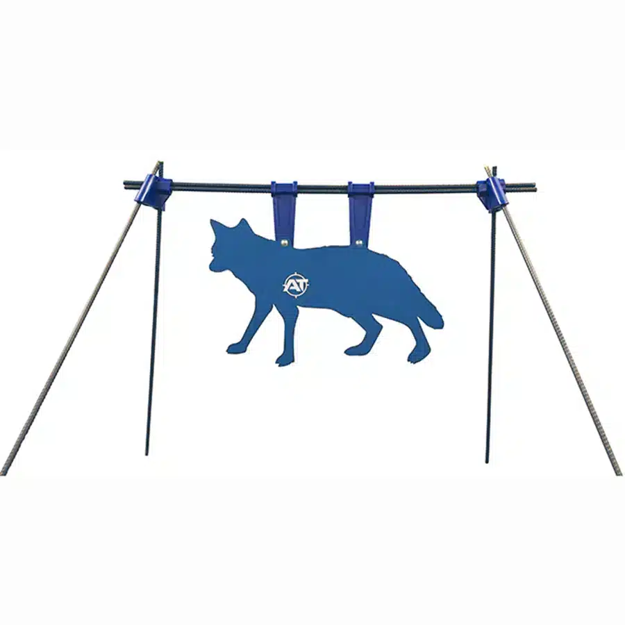 Blue steel coyote silhouette target hanging from a metal frame for shooting practice and training.