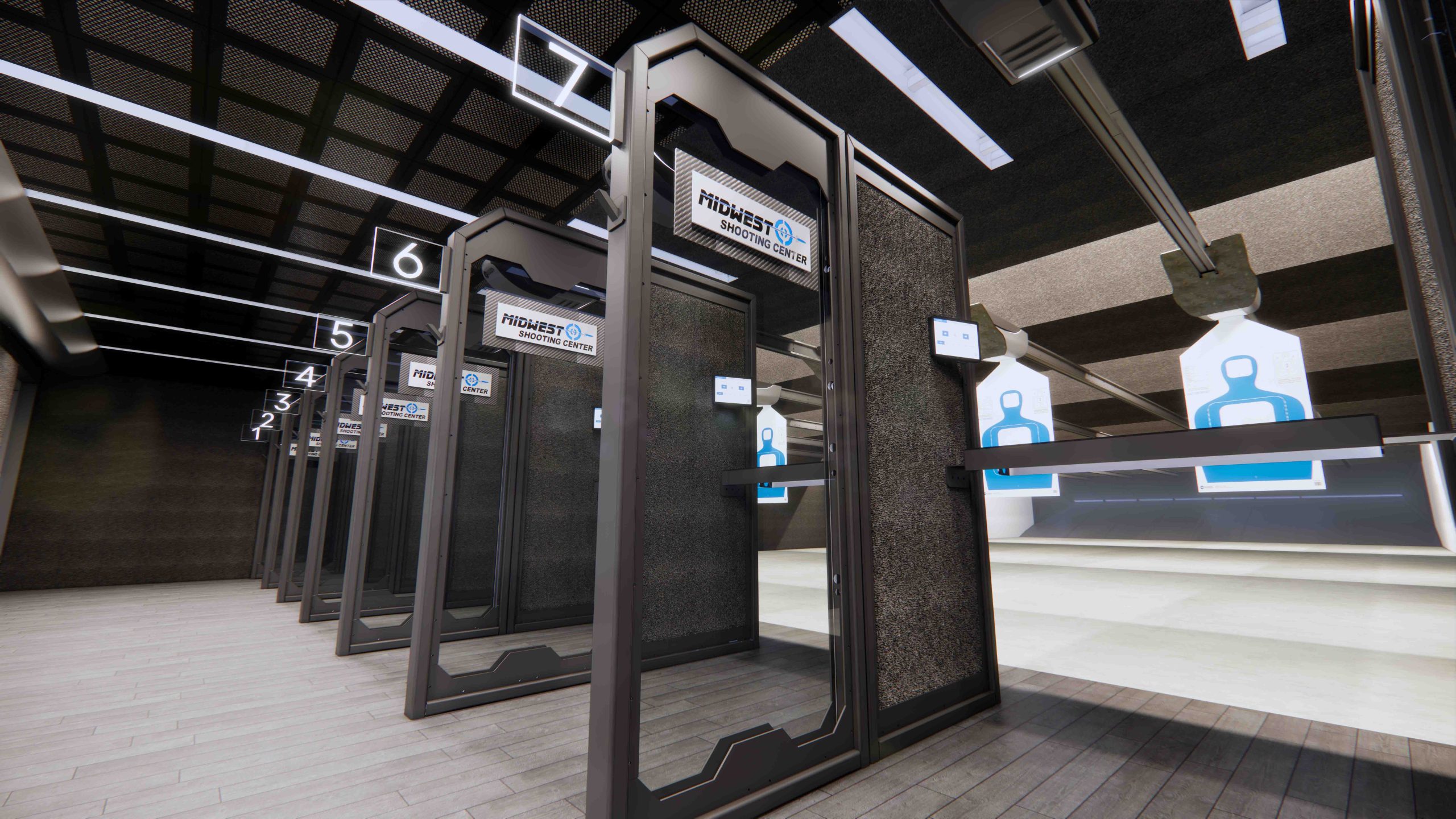 Indoor shooting range at Midwest Shooting Center with numbered stalls and blue silhouette paper targets.