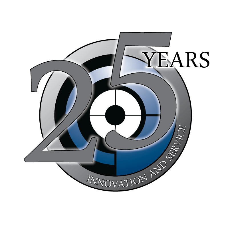 25 Years anniversary logo with target graphic and the tagline Innovation and Service.