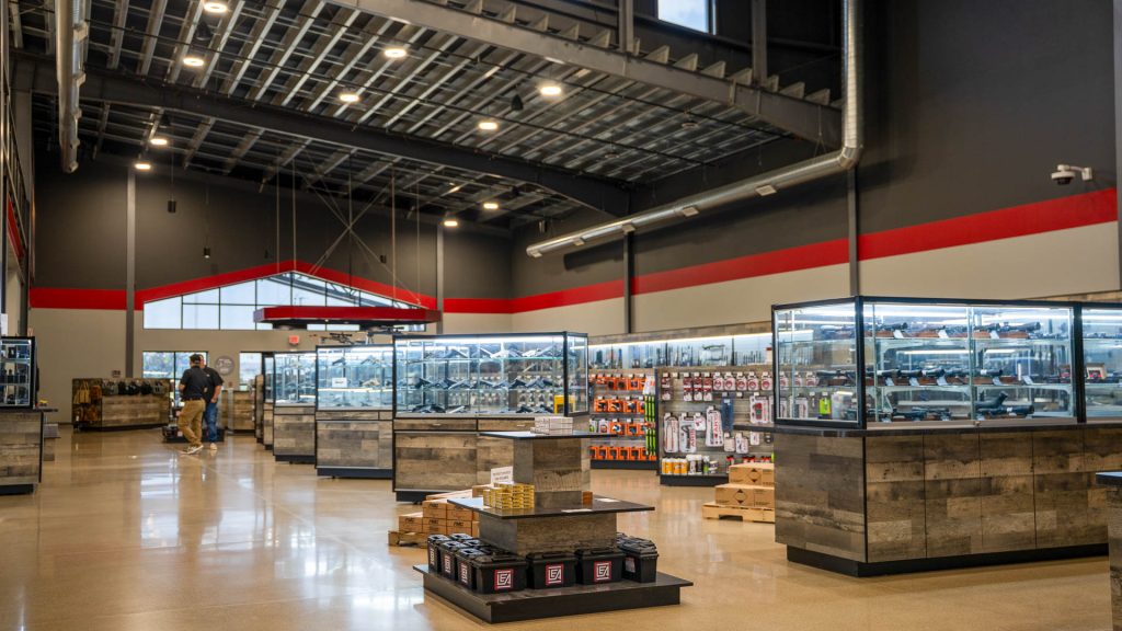 An overview of the retail space at Lake Erie Arms shooting range facility